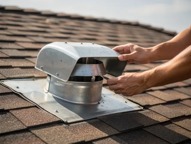 North Royalton Dryer Vent Cleaning certified technician safely cleaning a roof-mounted dryer vent in North Royalton