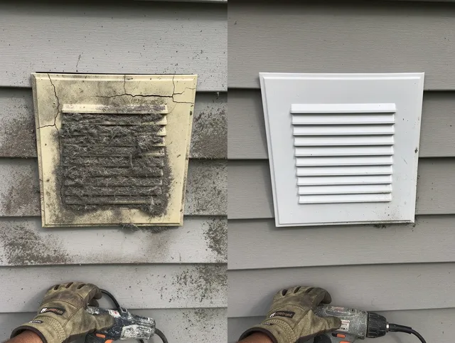 North Royalton Dryer Vent Cleaning technician installing high-quality dryer vent cover at a residential property in North Royalton
