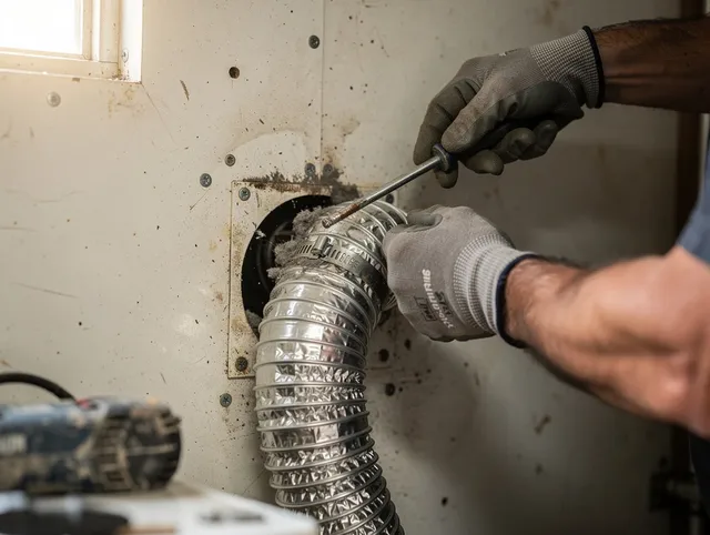 North Royalton Dryer Vent Cleaning technician performing precise dryer vent hose installation in North Royalton